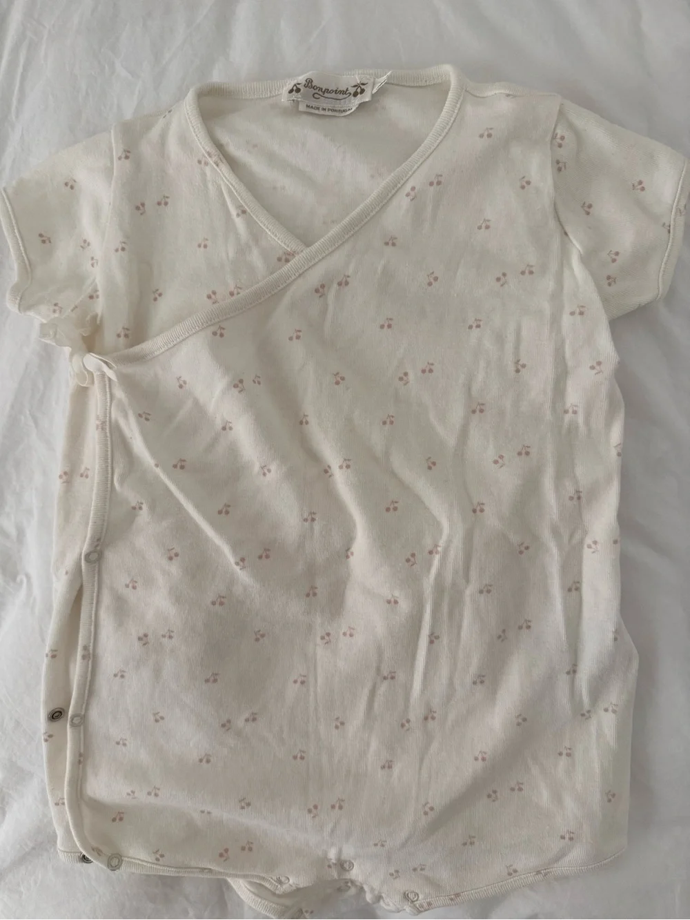 Bonpoint Cream Wrap Romper with Pink Cherry Print